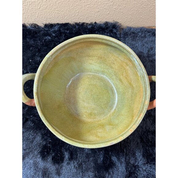 Handcrafted Rustic Terracotta & Olive Green Ceramic Bowl With Handles Glazed - Picture 2 of 9